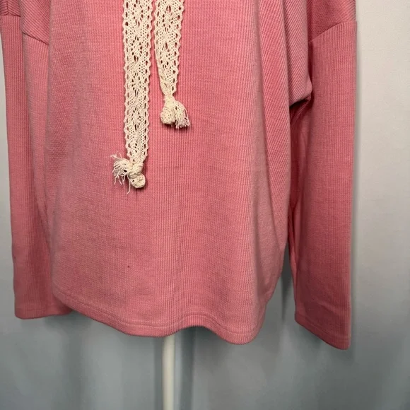 LoveBug Boutique Women's Ribbed Pink Hoodie with Lace Cream Drawstrings - Picture 4 of 9